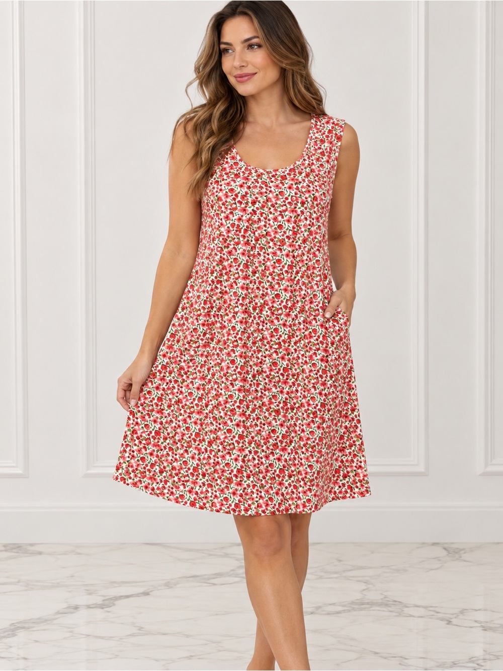 Old Navy Cream Mini Dress with Red Floral Print
